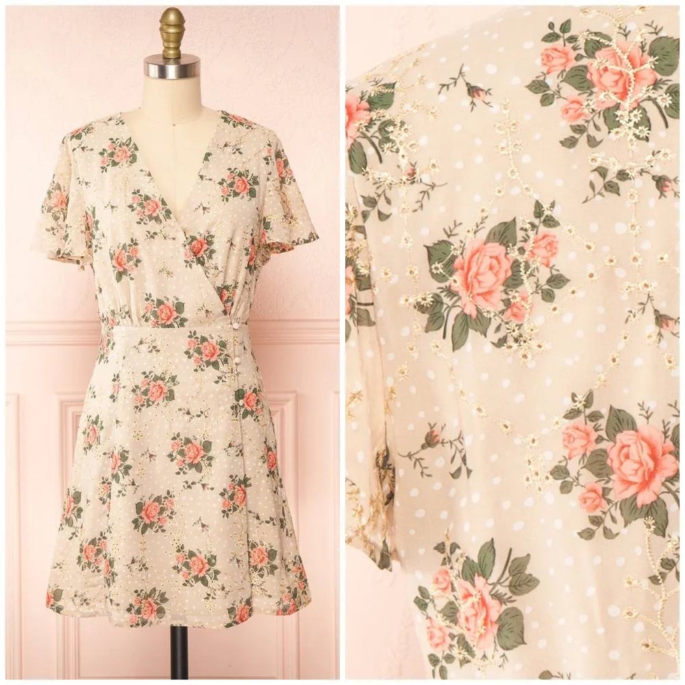 Sugarlips Cream Floral Mini Dress with Pink Roses - Picture 3 of 10